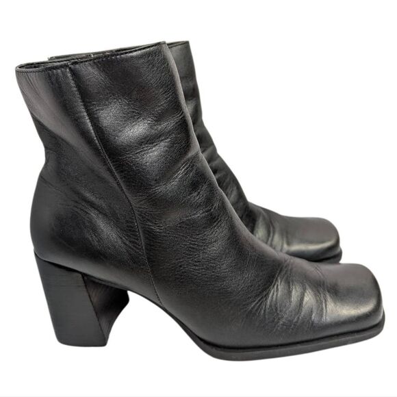 Vintage 90s Westies Black Leather Square Toe Block Heel Ankle Boots Womens 8 - Picture 1 of 7